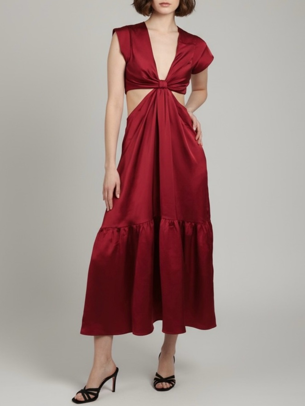 Jason Wu Wine Red Satin Cutout Midi Dress Twist Knot Tiered Hem NWT Size S